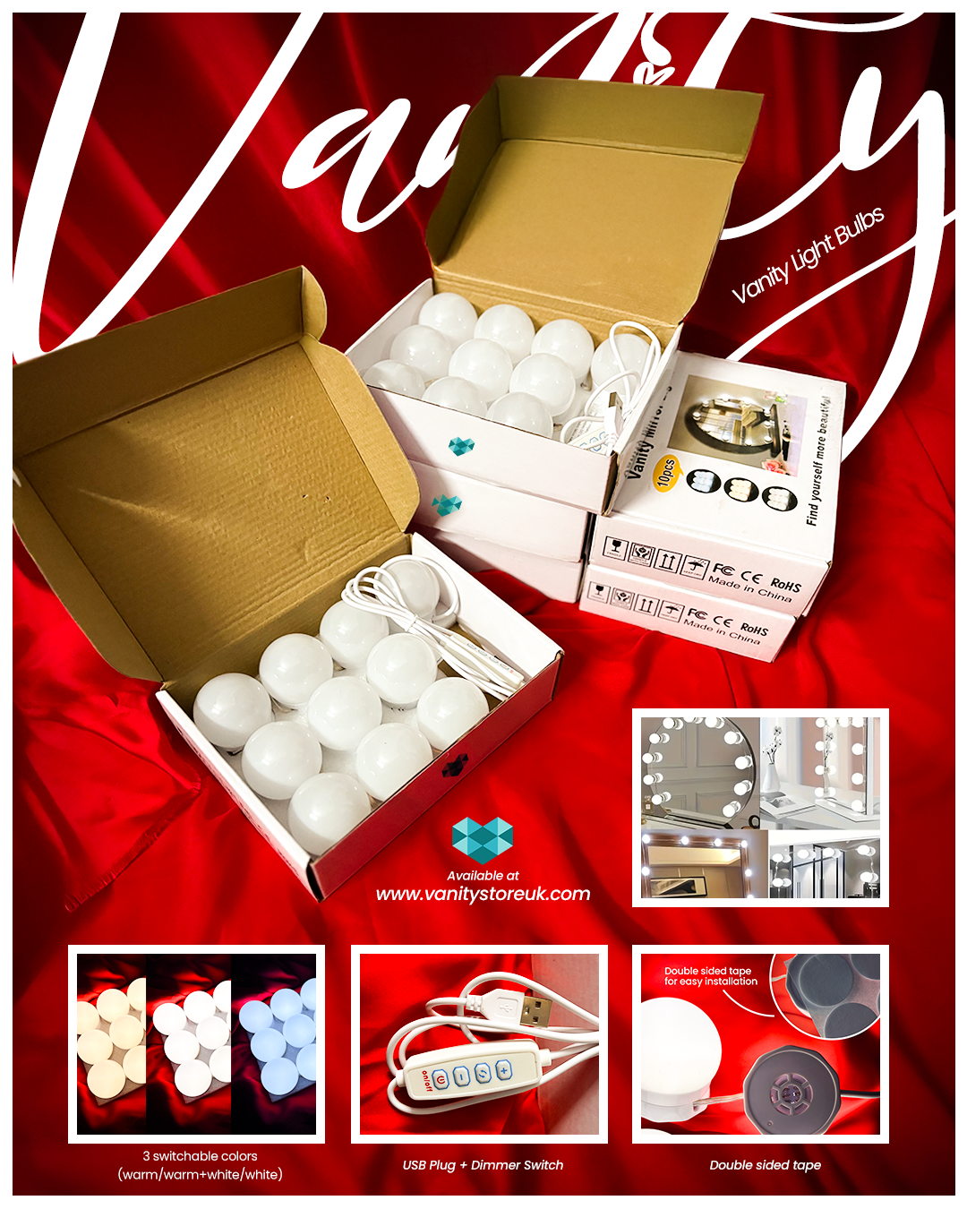 Hollywood-Style LED Vanity Mirror Lights (10 Bulbs)