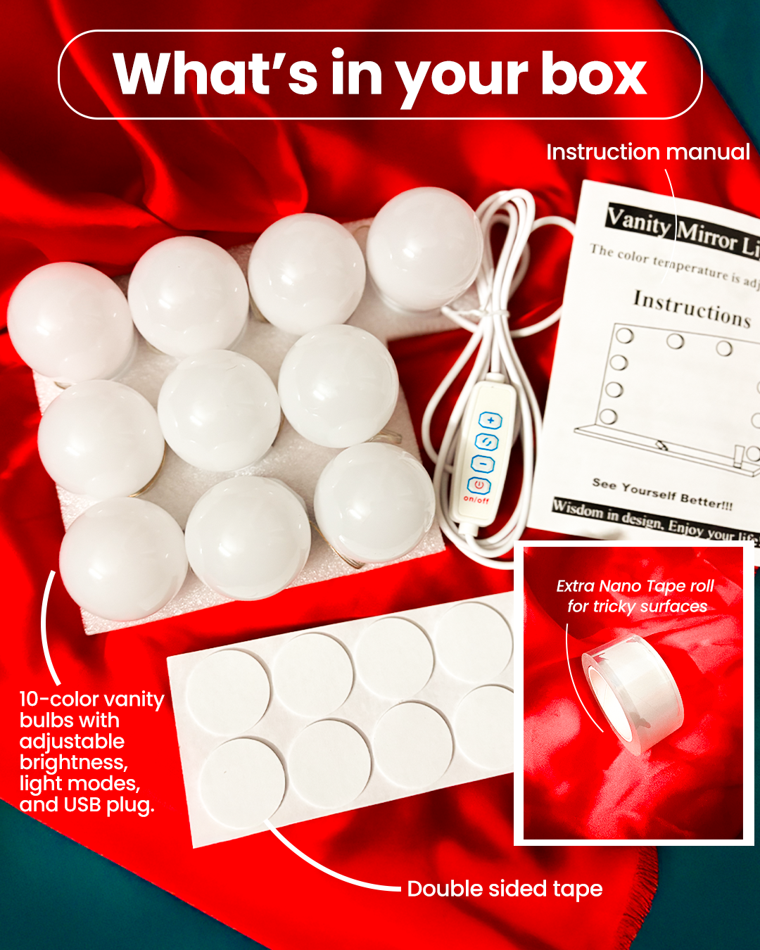 Hollywood-Style LED Vanity Mirror Lights (10 Bulbs)